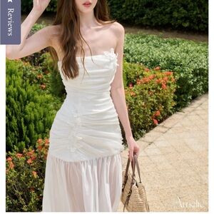 NEW (Melina)Strapless White Ruched Floral-Accent Maxi Dress from Amelie Official